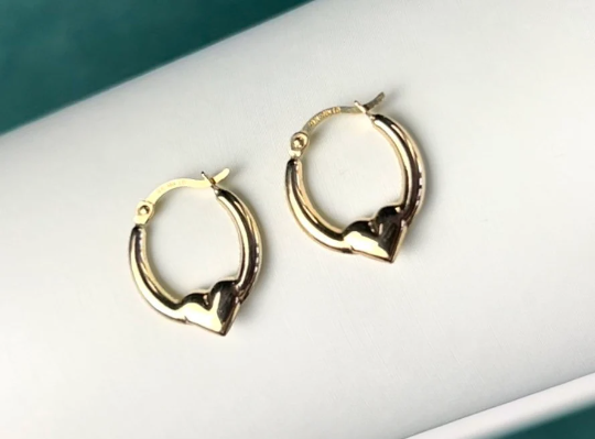 9ct solid Gold Heart Hoop Earrings Fancy Creole 14mm