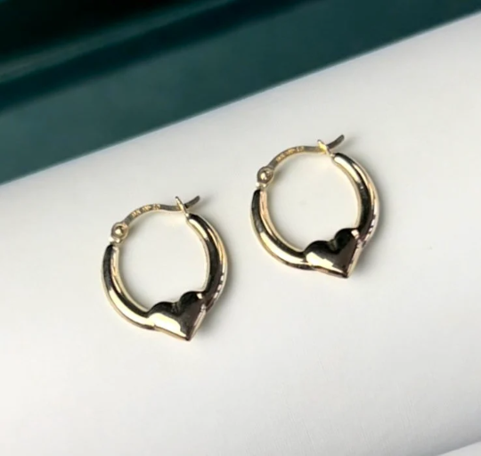 9ct solid Gold Heart Hoop Earrings Fancy Creole 14mm